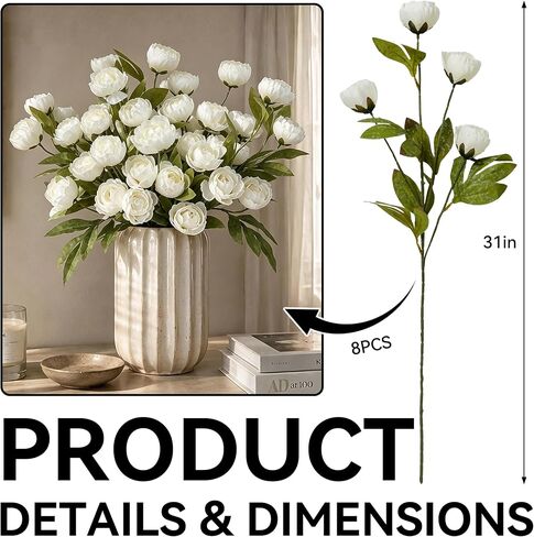 8 Pcs Faux Peonies Artificial Flowers, 27" Long Stem Silk Fake Flowers for Vase, Artificial Peony Bouquet with 24 Bloom Heads for Wedding Centerpieces, Tall Vase Fillers, Home Decor in Kuwait