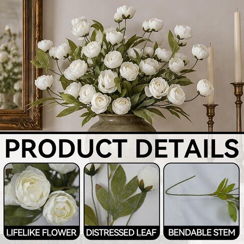 8 Pcs Faux Peonies Artificial Flowers, 27" Long Stem Silk Fake Flowers for Vase, Artificial Peony Bouquet with 24 Bloom Heads for Wedding Centerpieces, Tall Vase Fillers, Home Decor in Kuwait