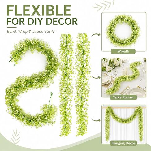 RAINFLOW 2PCS 5.8Ft Baby's Breath Artificial Flowers - Fake Hanging Vine Garland, Faux Babys Breath Bulk Vines for Wedding Arch Party Fireplace Stairs Backdrop Decor in Kuwait