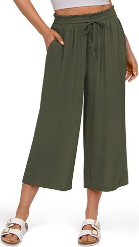 UEU Women's Linen Capris Wide Leg Ruffle High Waisted Pants Casual Drawstring Summer Loose Capri Pants with Pockets in Saudi Arabia