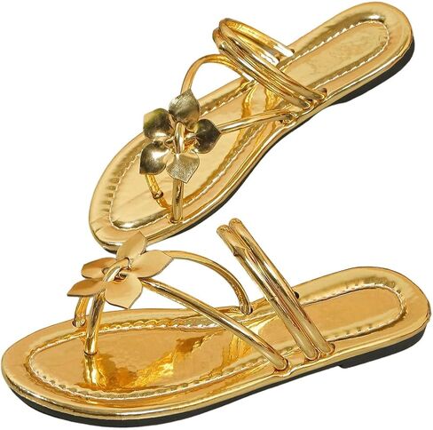 GORGLITTER Women's Metallic Flower Flat Sandals Dressy Summer Toe Ring Strappy Slides Sandals Slippers Shoes in Kuwait