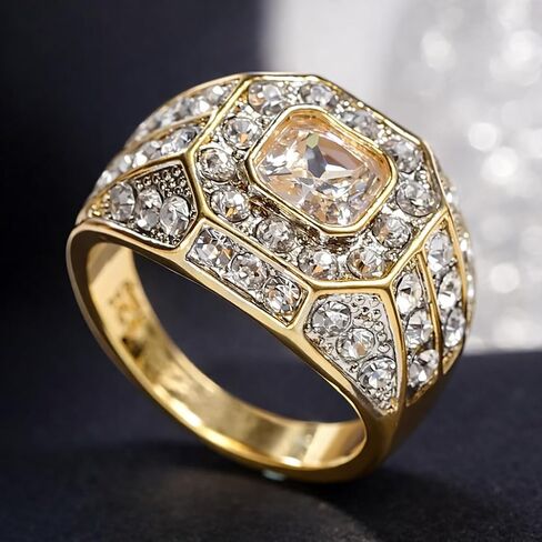 SUPAC Men's Party Ring with Rhinestone Gems: Alloy-crafted, Silver-Plated for Exquisite Shine - the Ideal Hip-Hop Style Accessory for Social Events & Daily Wear (8), Gold in Saudi Arabia