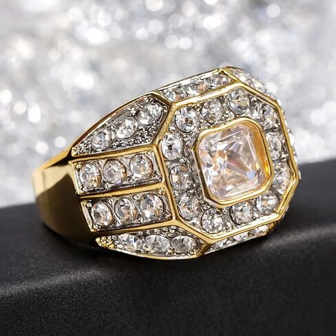 SUPAC Men's Party Ring with Rhinestone Gems: Alloy-crafted, Silver-Plated for Exquisite Shine - the Ideal Hip-Hop Style Accessory for Social Events & Daily Wear (8), Gold in Saudi Arabia