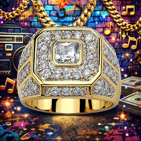 SUPAC Men's Party Ring with Rhinestone Gems: Alloy-crafted, Silver-Plated for Exquisite Shine - the Ideal Hip-Hop Style Accessory for Social Events & Daily Wear (8), Gold in Saudi Arabia