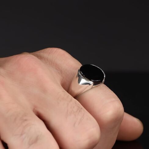 Men’s Black Onyx Ring – 925 Sterling Silver Minimalist Oval Stone Ring – Handmade Polished Band – Simple Modern Statement Ring for Men in Saudi Arabia