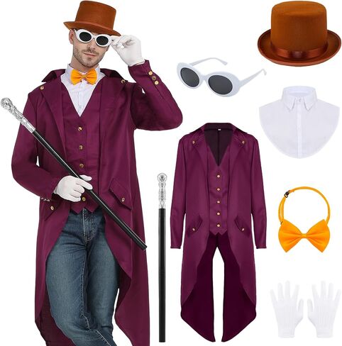 Purple Tailcoat Set with Top Hat Tie Glasses, Gloves for Halloween Party Costume in Saudi Arabia
