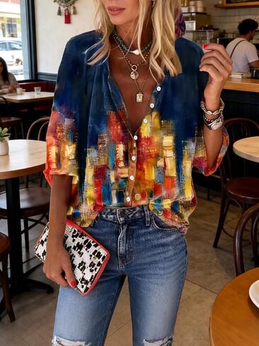 Plus Size 1XL-5XL Women's Fashion Oil Painting Print Blouse with Button Ladies Casual Stand Collar Stylish Comfortable Shirt in Kuwait