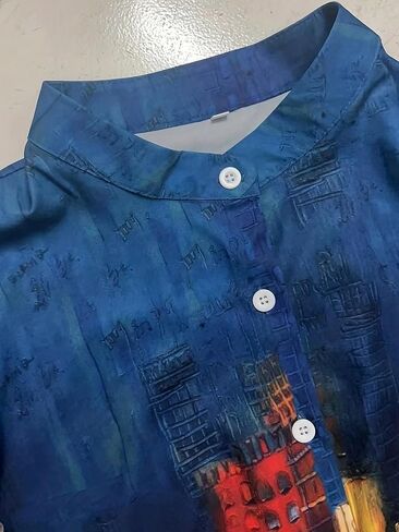 Plus Size 1XL-5XL Women's Fashion Oil Painting Print Blouse with Button Ladies Casual Stand Collar Stylish Comfortable Shirt in Kuwait