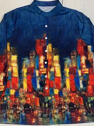 Plus Size 1XL-5XL Women's Fashion Oil Painting Print Blouse with Button Ladies Casual Stand Collar Stylish Comfortable Shirt in Kuwait
