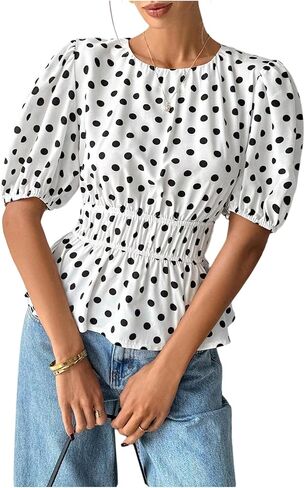 GORGLITTER Women's Polka Dots Peplum Tops Puff Short Sleeve Ruffle Babydoll Shirt Summer Vacation Flowy Cute Blouses in Kuwait