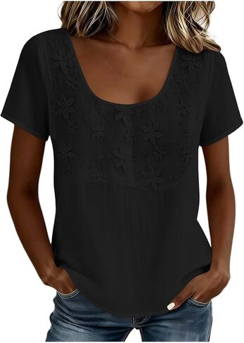 Gauze Shirts for Women Casual U Neck Short Sleeve Tops Lightweight Loose Boho Blouses Summer Floral Embroidered Shirt in Kuwait