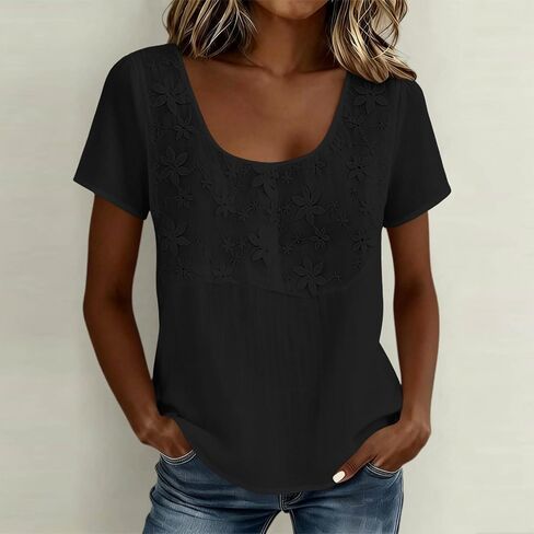 Gauze Shirts for Women Casual U Neck Short Sleeve Tops Lightweight Loose Boho Blouses Summer Floral Embroidered Shirt in Kuwait