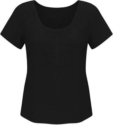 Gauze Shirts for Women Casual U Neck Short Sleeve Tops Lightweight Loose Boho Blouses Summer Floral Embroidered Shirt in Kuwait
