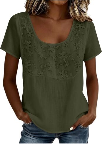 Gauze Shirts for Women Casual U Neck Short Sleeve Tops Lightweight Loose Boho Blouses Summer Floral Embroidered Shirt in Kuwait