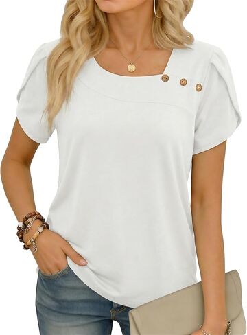 Women's Petal Sleeve Square Neck Blouse - Summer Trendy Casual Loose Button-Down T-Shirt in Kuwait