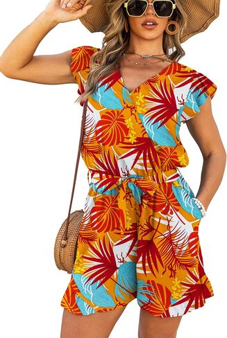 VERABENDI Women’s Tropical Romper Vacation Outfit – V Neck Flutter Sleeve Tie Waist Beach Romper for Cruise, Resort & Island in Saudi Arabia