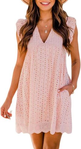 Women's Summer Dress with Built in Shorts Sexy Summer V Neck Ruffle Sleeve Lace California Romper Dresses for Women in Saudi Arabia