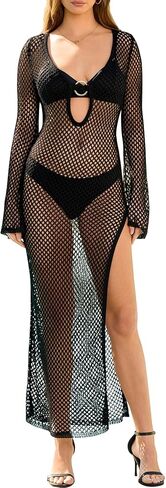 KUTUMAI Women Crochet Swimsuit Cover Up 2025 Summer Bathing Suit Sexy V Neck Slit Maxi Dress Vacation Beach Swimwear Cover Up in Saudi Arabia