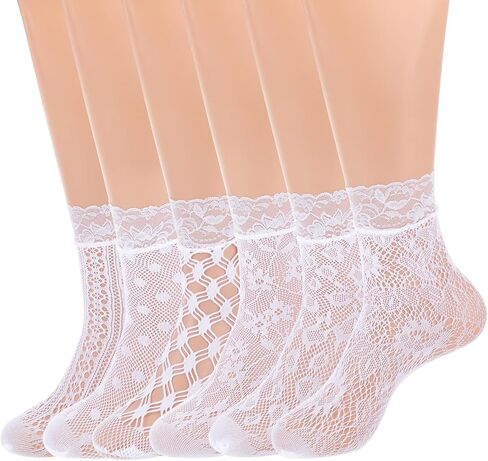 6 Pairs Lace Socks, White/Black Elegent Fishnet Socks Hollow Sock Sexy Lace AnkleSock for Women Crew Sock in Kuwait
