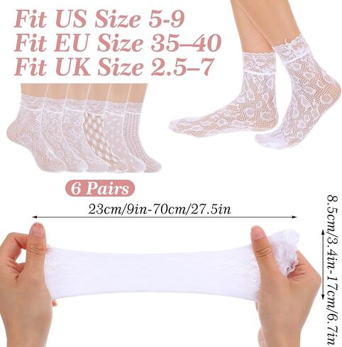 6 Pairs Lace Socks, White/Black Elegent Fishnet Socks Hollow Sock Sexy Lace AnkleSock for Women Crew Sock in Kuwait