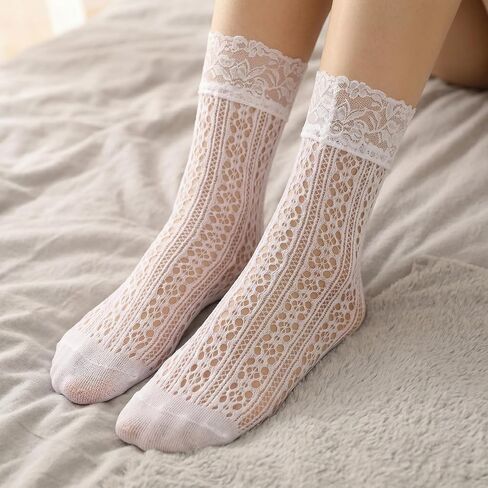 6 Pairs Lace Socks, White/Black Elegent Fishnet Socks Hollow Sock Sexy Lace AnkleSock for Women Crew Sock in Kuwait