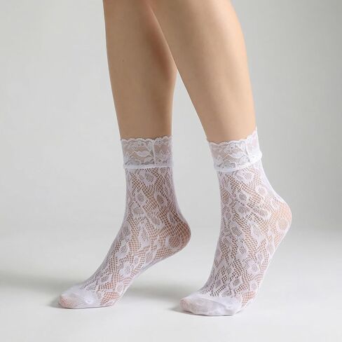 6 Pairs Lace Socks, White/Black Elegent Fishnet Socks Hollow Sock Sexy Lace AnkleSock for Women Crew Sock in Kuwait