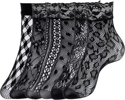 6 Pairs Lace Socks, White/Black Elegent Fishnet Socks Hollow Sock Sexy Lace AnkleSock for Women Crew Sock in Kuwait