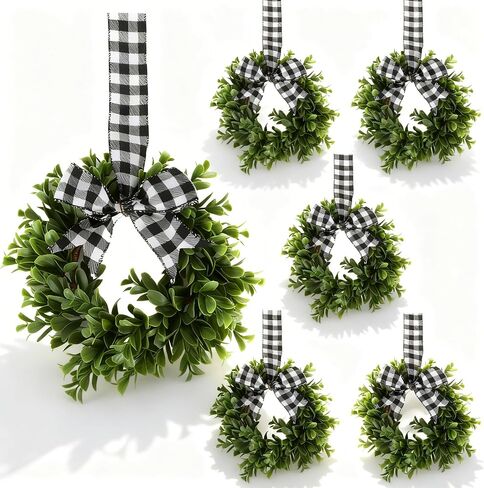 6 Pcs 9" Mini Eucalyptus Wreaths for Kitchen Cabinets, Small Farmhouse Greenery Wreath with Buffalo Check Bow, Realistic Boxwood Leaf Window Indoor Outdoor Decor, UV Protected in Saudi Arabia