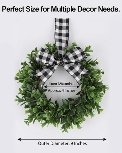 6 Pcs 9" Mini Eucalyptus Wreaths for Kitchen Cabinets, Small Farmhouse Greenery Wreath with Buffalo Check Bow, Realistic Boxwood Leaf Window Indoor Outdoor Decor, UV Protected in Saudi Arabia