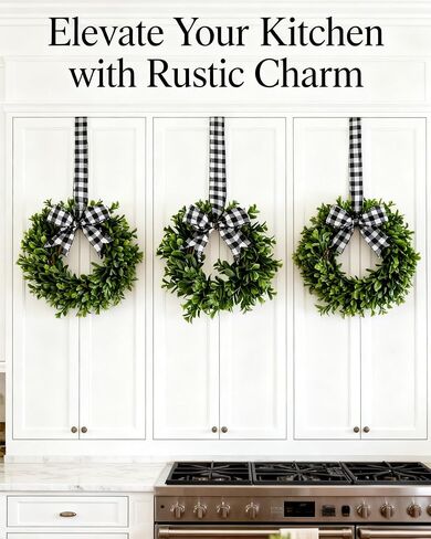 6 Pcs 9" Mini Eucalyptus Wreaths for Kitchen Cabinets, Small Farmhouse Greenery Wreath with Buffalo Check Bow, Realistic Boxwood Leaf Window Indoor Outdoor Decor, UV Protected in Saudi Arabia