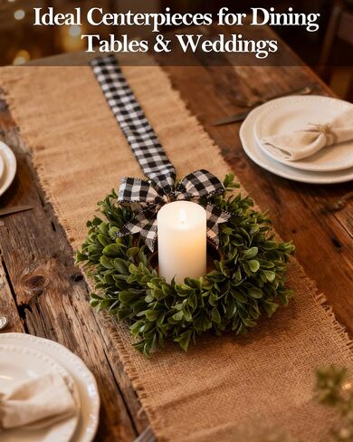 6 Pcs 9" Mini Eucalyptus Wreaths for Kitchen Cabinets, Small Farmhouse Greenery Wreath with Buffalo Check Bow, Realistic Boxwood Leaf Window Indoor Outdoor Decor, UV Protected in Saudi Arabia