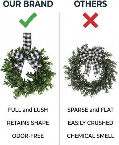 6 Pcs 9" Mini Eucalyptus Wreaths for Kitchen Cabinets, Small Farmhouse Greenery Wreath with Buffalo Check Bow, Realistic Boxwood Leaf Window Indoor Outdoor Decor, UV Protected in Saudi Arabia