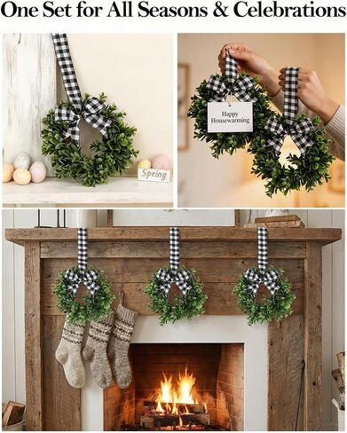 6 Pcs 9" Mini Eucalyptus Wreaths for Kitchen Cabinets, Small Farmhouse Greenery Wreath with Buffalo Check Bow, Realistic Boxwood Leaf Window Indoor Outdoor Decor, UV Protected in Saudi Arabia