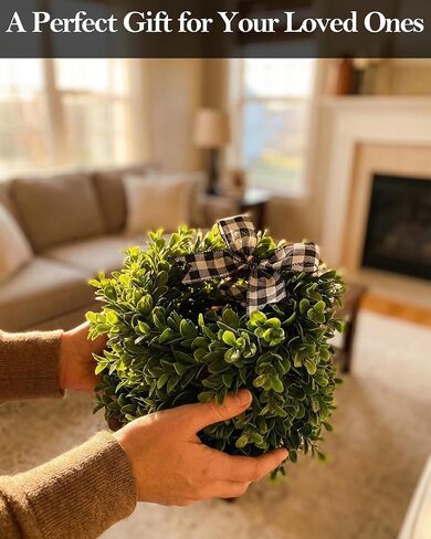 6 Pcs 9" Mini Eucalyptus Wreaths for Kitchen Cabinets, Small Farmhouse Greenery Wreath with Buffalo Check Bow, Realistic Boxwood Leaf Window Indoor Outdoor Decor, UV Protected in Saudi Arabia