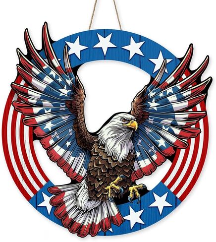 4th of July Patriotic Bald Eagle Front Door Sign, America Stars Stripes Wood Plaque Hanger Outdoor Outside Porch Home Decor, American USA Farmhouse Wooden Wreath Indoor Wall Hanging Decoration in Kuwait
