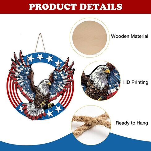 4th of July Patriotic Bald Eagle Front Door Sign, America Stars Stripes Wood Plaque Hanger Outdoor Outside Porch Home Decor, American USA Farmhouse Wooden Wreath Indoor Wall Hanging Decoration in Kuwait