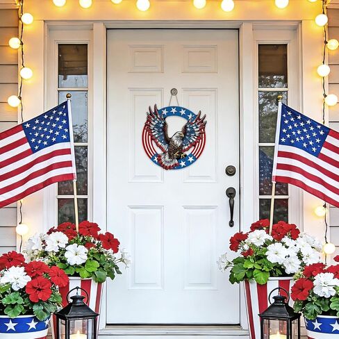 4th of July Patriotic Bald Eagle Front Door Sign, America Stars Stripes Wood Plaque Hanger Outdoor Outside Porch Home Decor, American USA Farmhouse Wooden Wreath Indoor Wall Hanging Decoration in Kuwait