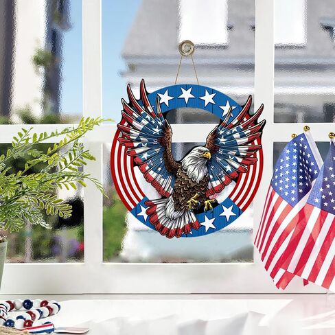 4th of July Patriotic Bald Eagle Front Door Sign, America Stars Stripes Wood Plaque Hanger Outdoor Outside Porch Home Decor, American USA Farmhouse Wooden Wreath Indoor Wall Hanging Decoration in Kuwait