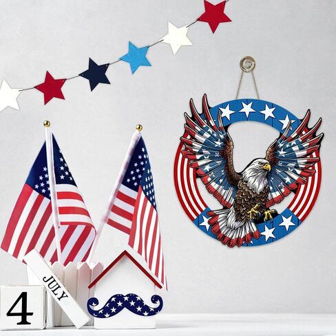 4th of July Patriotic Bald Eagle Front Door Sign, America Stars Stripes Wood Plaque Hanger Outdoor Outside Porch Home Decor, American USA Farmhouse Wooden Wreath Indoor Wall Hanging Decoration in Kuwait