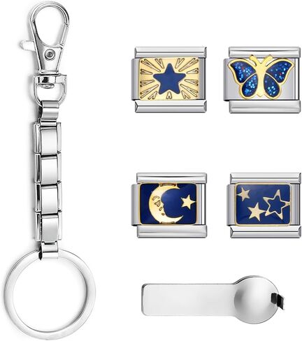GEMOSA Italian Charm Keychain Set for Women Men – Modular Stainless Steel Key Ring with 4 Charms (Butterfly, Moon, Star) & Opener, Fits 9mm Links, Gift DIY Kit in Saudi Arabia