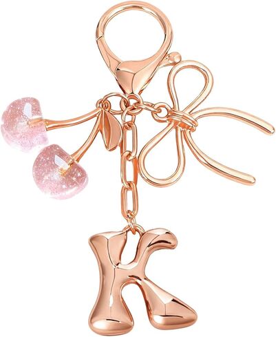 Snycler Bubble Initial Keychain with Bow & Cherry - Rose Gold Letter Bag Charms for Women, Cute Purse Handbag Accessories in Saudi Arabia