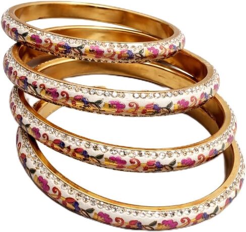 Sansaara Traditional Lakh Indian Floral Enamel Bangles, Gold-Toned Metal with Pink, Green, Blue Design, Crystal Rhinestone Accents, Set of 4 in Kuwait