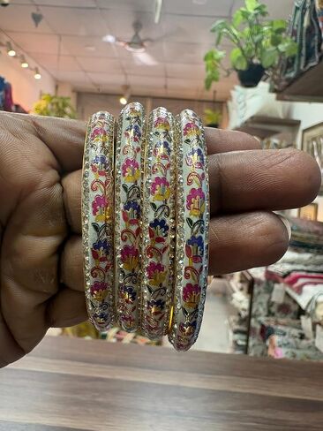 Sansaara Traditional Lakh Indian Floral Enamel Bangles, Gold-Toned Metal with Pink, Green, Blue Design, Crystal Rhinestone Accents, Set of 4 in Kuwait