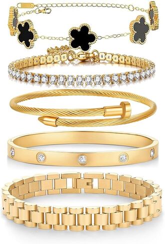 18 K Gold Plated Bangle Bracelet,5-Piece Floral Tennis Bracelet Collection with Crystal Rhinestones,Watch Band Chains Wristband Jewelry,Christmas Valentines Birthday Gifts. in Kuwait