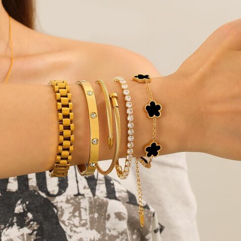 18 K Gold Plated Bangle Bracelet,5-Piece Floral Tennis Bracelet Collection with Crystal Rhinestones,Watch Band Chains Wristband Jewelry,Christmas Valentines Birthday Gifts. in Kuwait