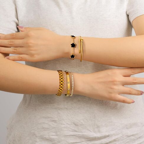 18 K Gold Plated Bangle Bracelet,5-Piece Floral Tennis Bracelet Collection with Crystal Rhinestones,Watch Band Chains Wristband Jewelry,Christmas Valentines Birthday Gifts. in Kuwait
