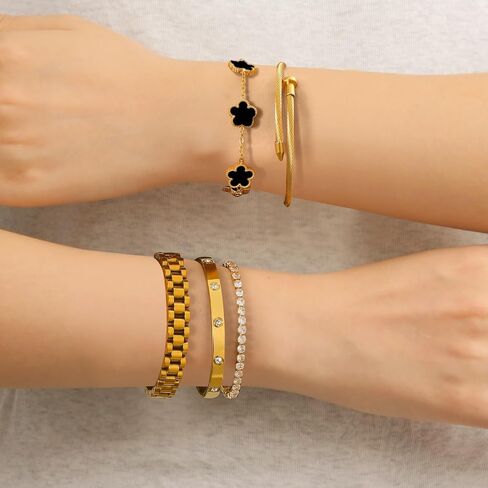 18 K Gold Plated Bangle Bracelet,5-Piece Floral Tennis Bracelet Collection with Crystal Rhinestones,Watch Band Chains Wristband Jewelry,Christmas Valentines Birthday Gifts. in Kuwait