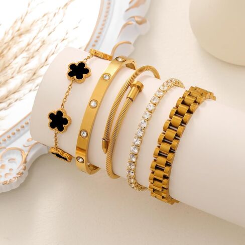 18 K Gold Plated Bangle Bracelet,5-Piece Floral Tennis Bracelet Collection with Crystal Rhinestones,Watch Band Chains Wristband Jewelry,Christmas Valentines Birthday Gifts. in Kuwait