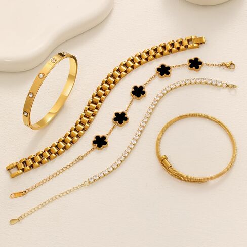 18 K Gold Plated Bangle Bracelet,5-Piece Floral Tennis Bracelet Collection with Crystal Rhinestones,Watch Band Chains Wristband Jewelry,Christmas Valentines Birthday Gifts. in Kuwait