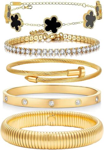 18 K Gold Plated Bangle Bracelet,5-Piece Floral Tennis Bracelet Collection with Crystal Rhinestones,Watch Band Chains Wristband Jewelry,Christmas Valentines Birthday Gifts. in Saudi Arabia